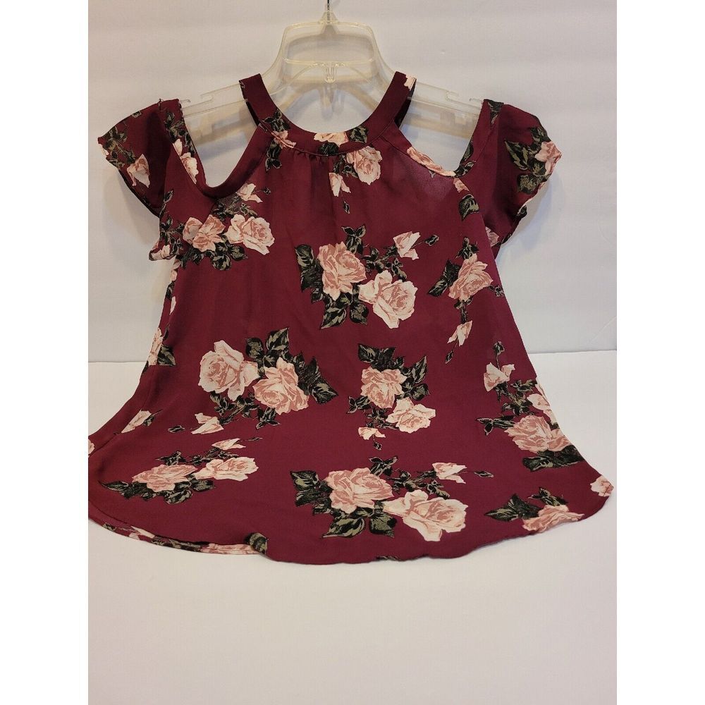 IZ Byer womens top, maroon floral, XS, cold shoulder